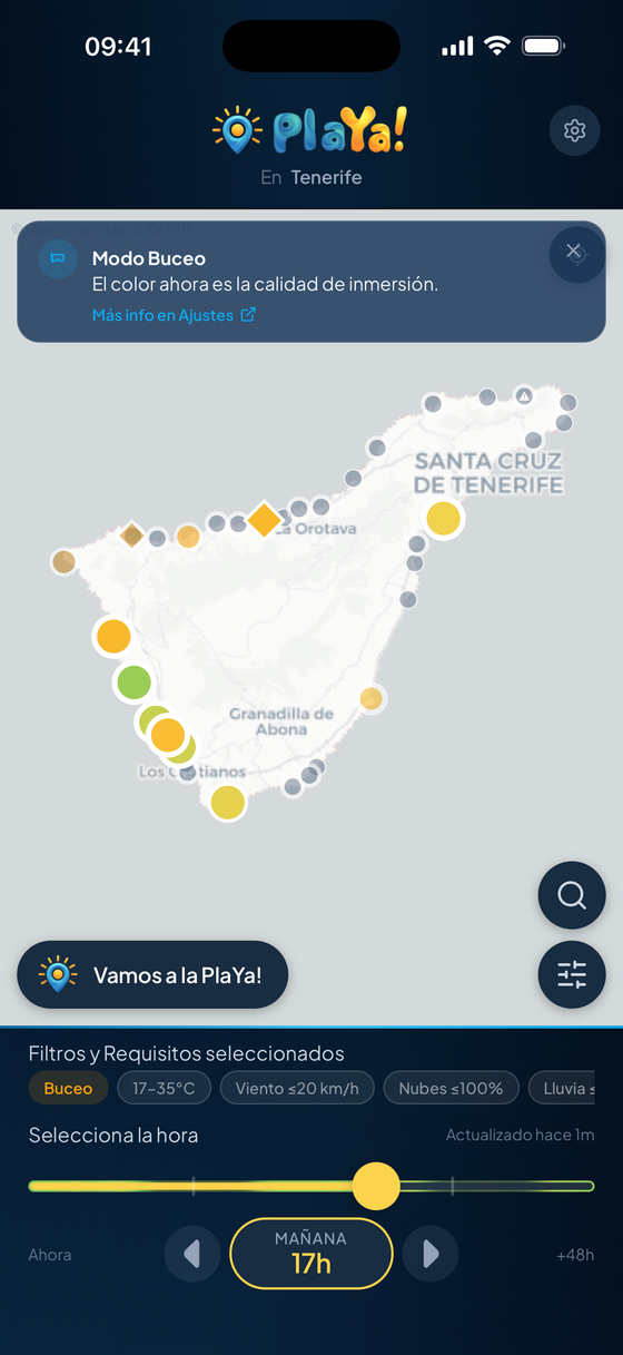 El mismo mapa en modo Buceo: puntos de inmersión con su nota y su mejor hora
