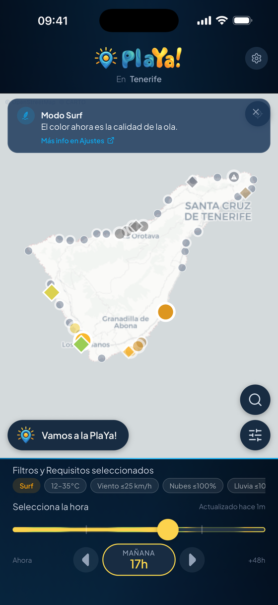 PlaYa! en modo Surf: mapa de Tenerife con 21 breaks como rombos y su calidad de ola