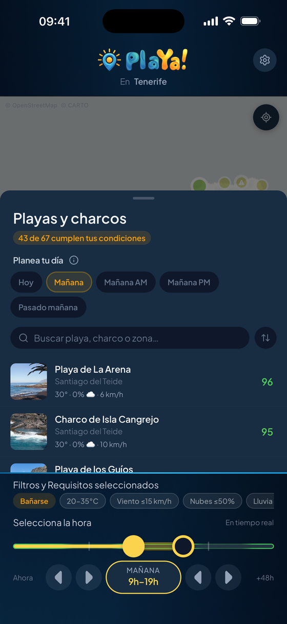 PlaYa!, ventana de tiempo: slider de dos pulgares y pines con la nota de la franja